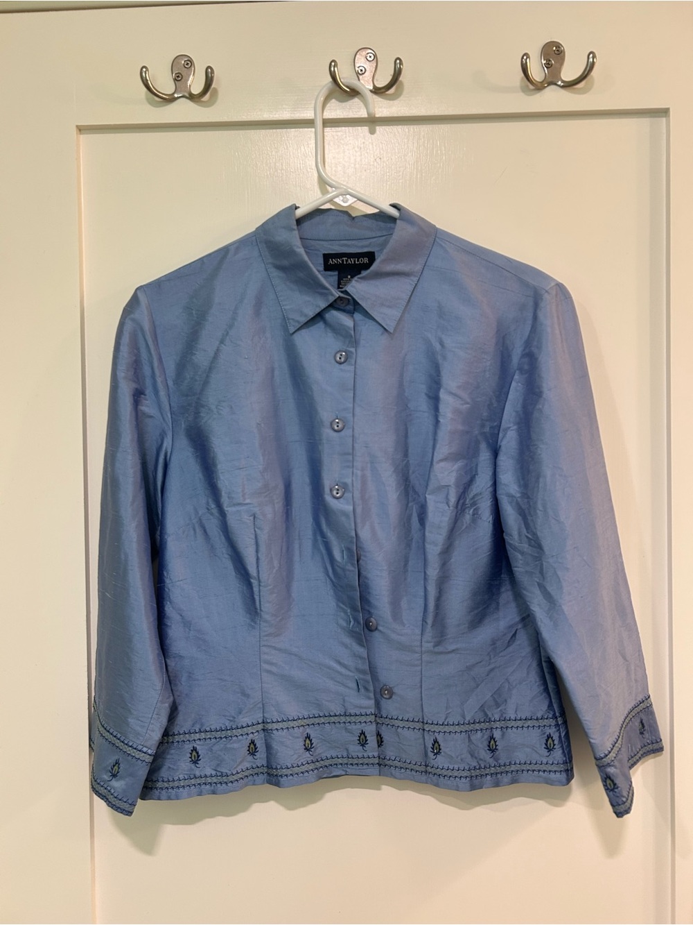 Ann Taylor 100% Silk Blue Embroidered Button Down Blouse Women’s Size 8